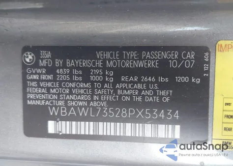 2008 BMW 335I from USA, damaged, VIN WBAWL73528PX53434